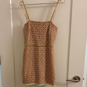 Alexis Tan and Gold Lace Mini Dress